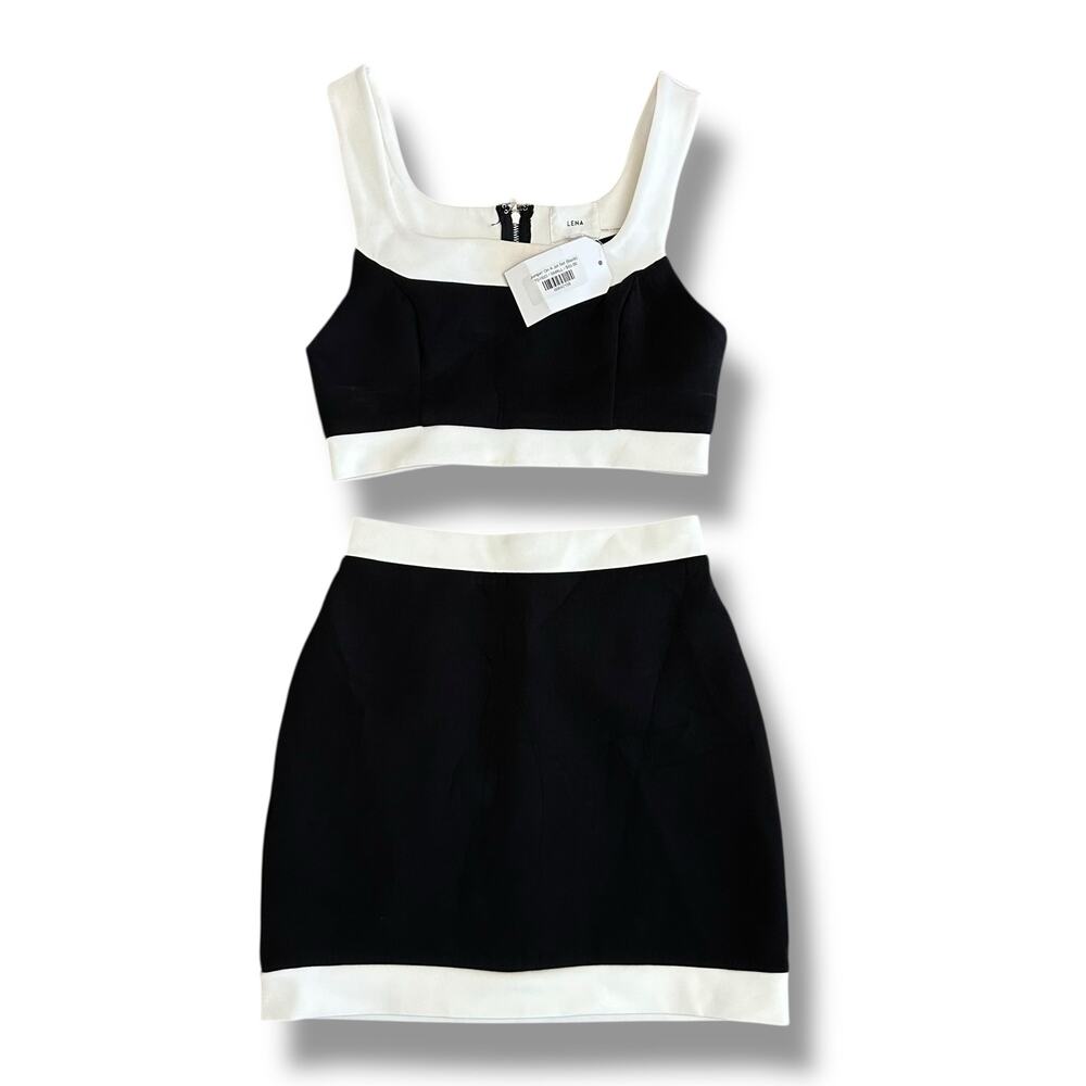 LENA “Jumpin’ On A Jet‎ Set” Black & White Two-Piece Crop Top & Mini Skirt S NWT
